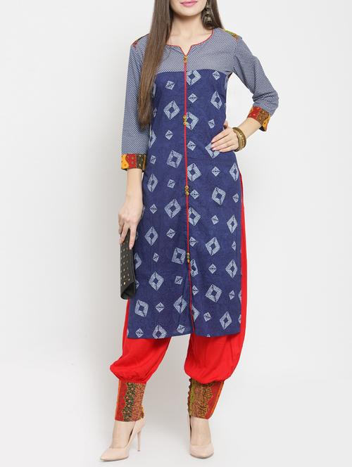 printed piping kurta with salwar set - 15559884 - Very Small Image - 1