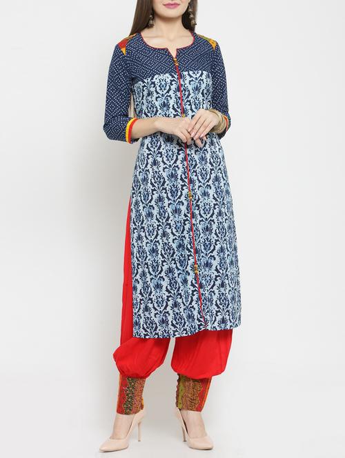 printed piping kurta with salwar set - 15559885 - Very Small Image - 1