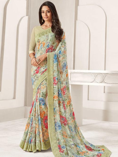 floral printed saree with blouse - 15559916 - Very Small Image - 1