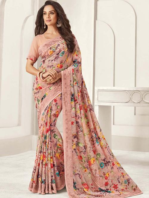 floral printed saree with blouse - 15559920 - Very Small Image - 1