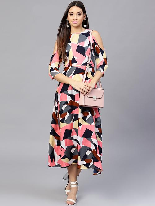 cold shoulder abstract print dress - 15560198 - Very Small Image - 1