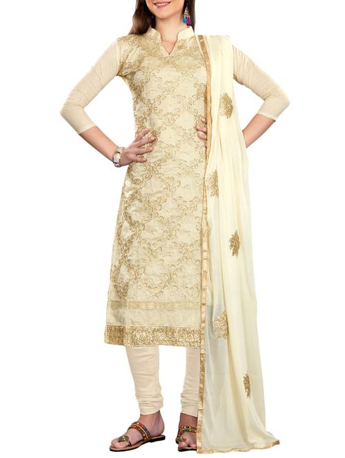 gold embroidered unstitched churidaar suit - 15560743 - Very Small Image - 1