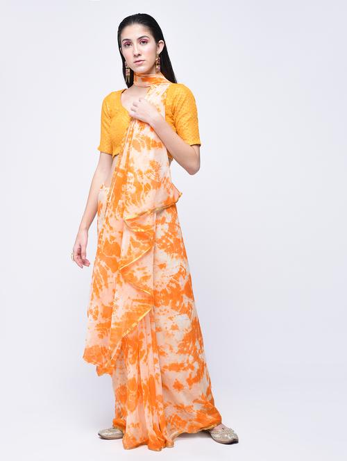 contrast shades shibori saree with blouse - 15564179 - Very Small Image - 1