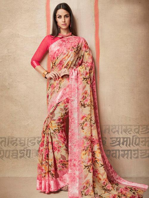ditsy floral printed linen saree with blouse - 15564996 - Very Small Image - 1