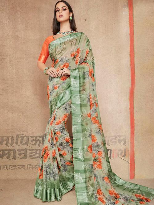 ditsy floral printed linen saree with blouse - 15564998 - Very Small Image - 1