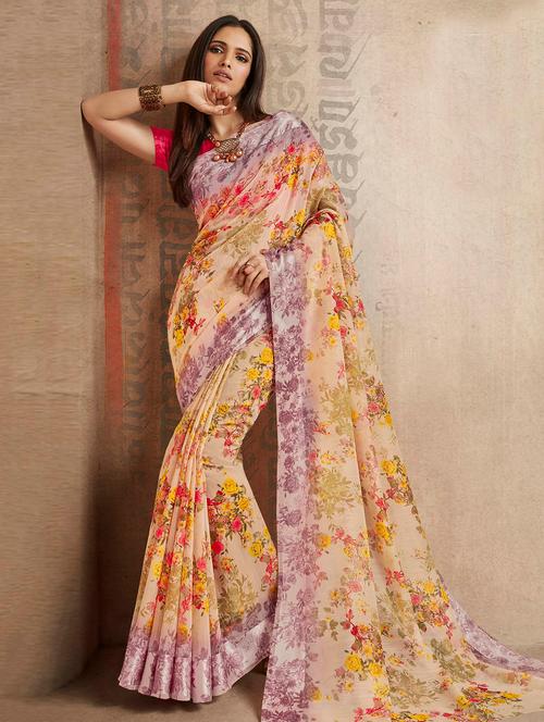 ditsy floral printed linen saree with blouse - 15564999 - Very Small Image - 1
