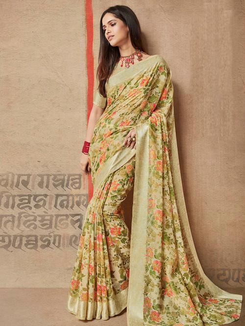 ditsy floral printed linen saree with blouse - 15565003 - Very Small Image - 1