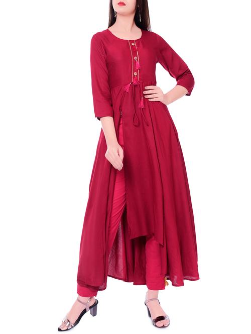 flared high slit solid kurta with tassels - 15565371 - Very Small Image - 1