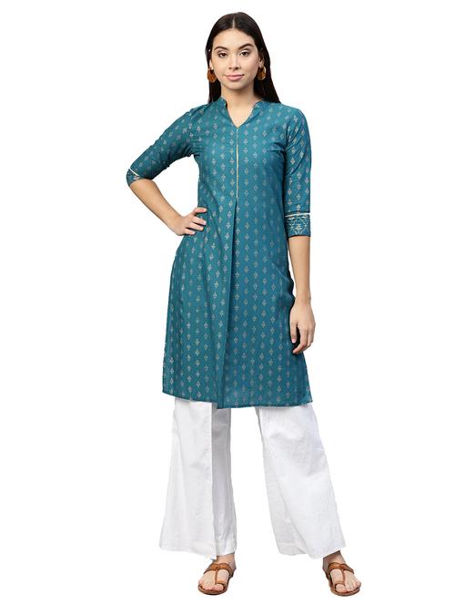 teal block print straight kurta - 15567865 - Very Small Image - 1
