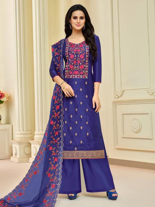floral embroidered unstitched palazzo suit - 15569283 - Very Small Image - 1