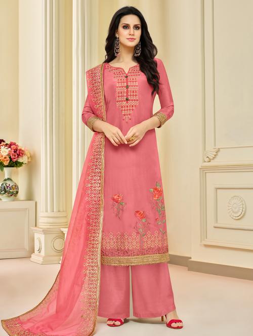 floral embroidered unstitched palazzo suit - 15569284 - Very Small Image - 1
