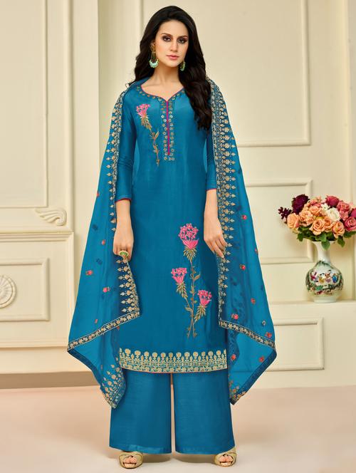 floral embroidered unstitched palazzo suit - 15569287 - Very Small Image - 1
