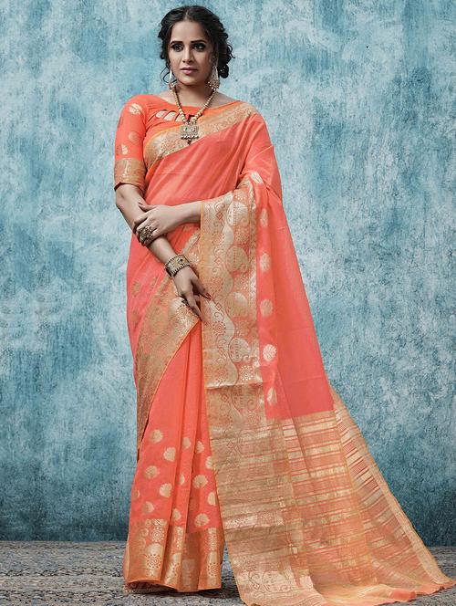 zari motifs bordered saree with blouse - 15569835 - Very Small Image - 1