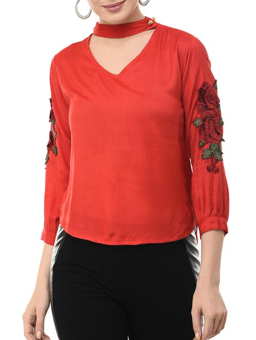 choker neck floral patch sleeved top - 15569948 - Very Small Image - 1