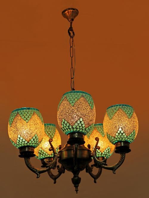 royal chandelier decorate with chips & beeds glass for magical & romantic lighting effect ,5 light ceiling pandent lamp - 15574599 - Very Small Image - 1