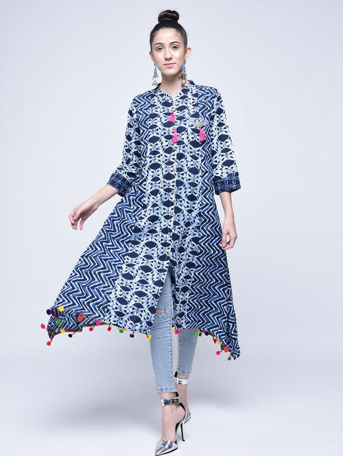 indigo asymmetric kurta with tassels - 15574659 - Very Small Image - 1