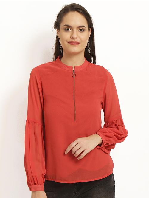 zipper detail mandarin neck top - 15574847 - Very Small Image - 1