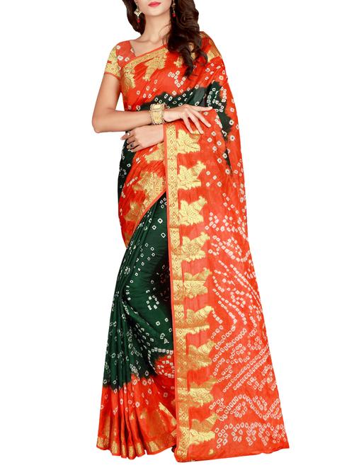 contrast zari border bandhani saree with blouse - 15575653 - Very Small Image - 1