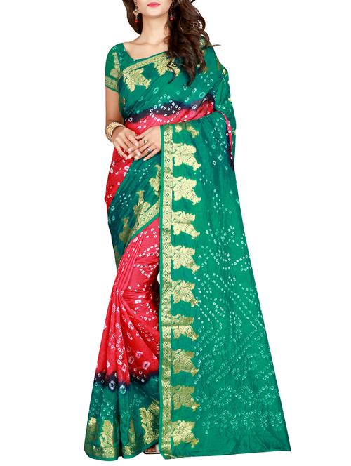 contrast zari border bandhani saree with blouse - 15575658 - Very Small Image - 1