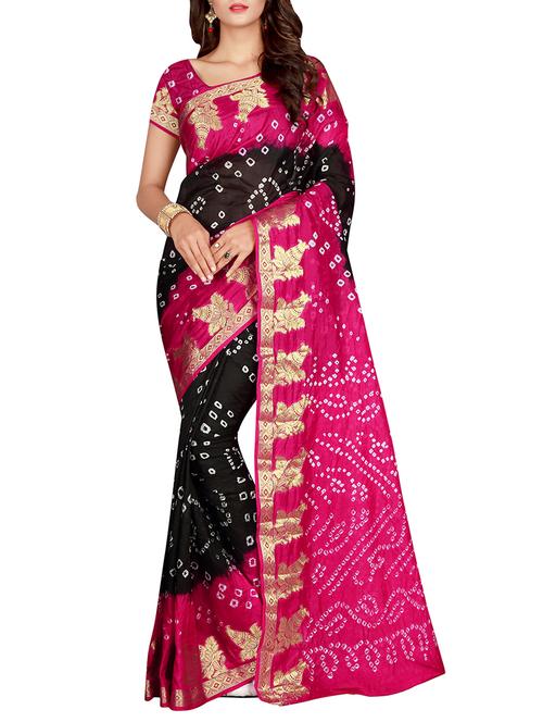contrast zari border bandhani saree with blouse - 15575659 - Very Small Image - 1