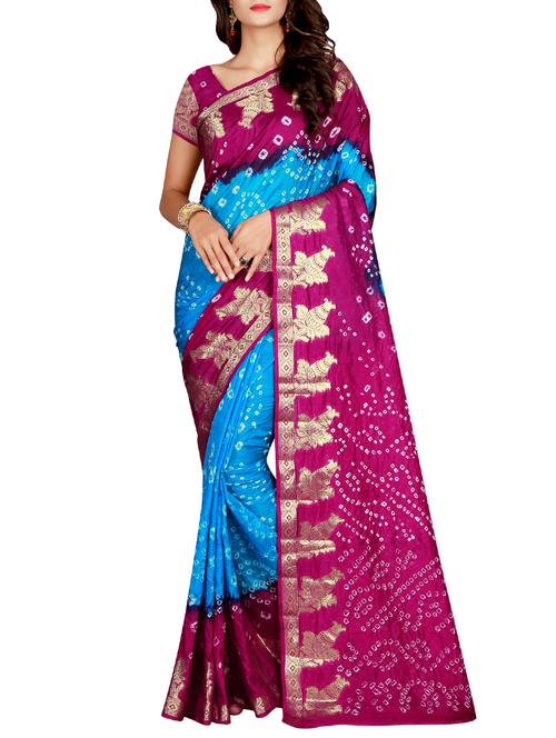 contrast zari border bandhani saree with blouse - 15575660 - Very Small Image - 1