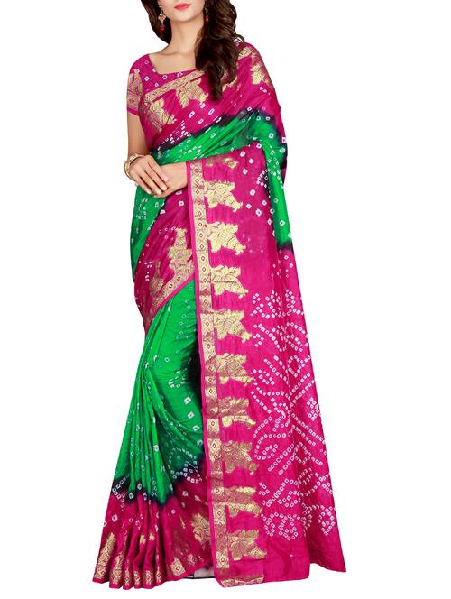 contrast zari border bandhani saree with blouse - 15575661 - Very Small Image - 1