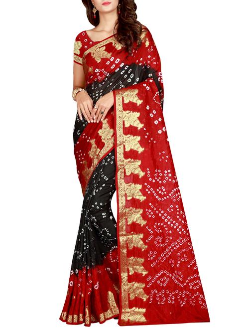 contrast zari border bandhani saree with blouse - 15575662 - Very Small Image - 1
