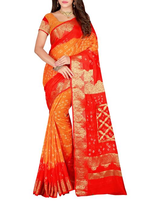 contrast zari border bandhani saree with blouse - 15575668 - Very Small Image - 1