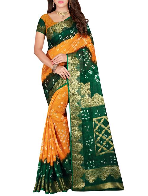 contrast zari border bandhani saree with blouse - 15575670 - Very Small Image - 1