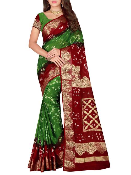 contrast zari border bandhani saree with blouse - 15575671 - Very Small Image - 1