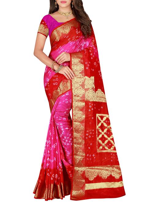 contrast zari border bandhani saree with blouse - 15575675 - Very Small Image - 1