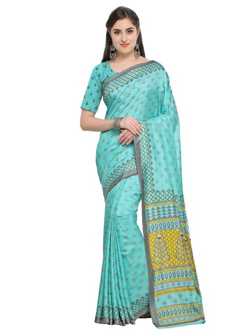 floral printed turquoise saree with blouse - 15576411 - Very Small Image - 1