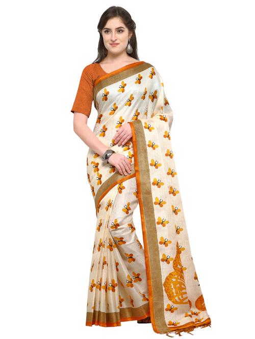 conversational printed cream saree with blouse - 15576416 - Very Small Image - 1
