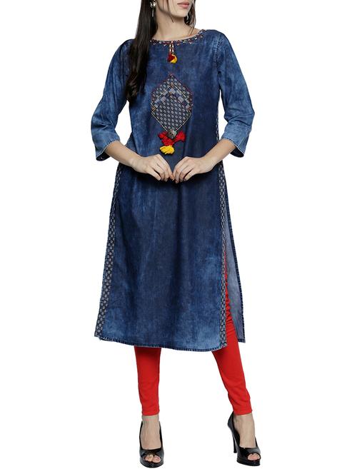 denim a-line kurta with tassels - 15578466 - Very Small Image - 1