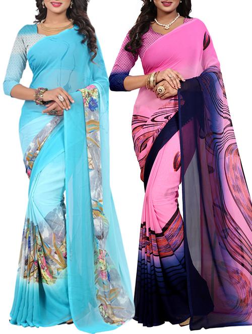 set of 2 multicolor printed saree combo with blouse - 15578697 - Very Small Image - 1