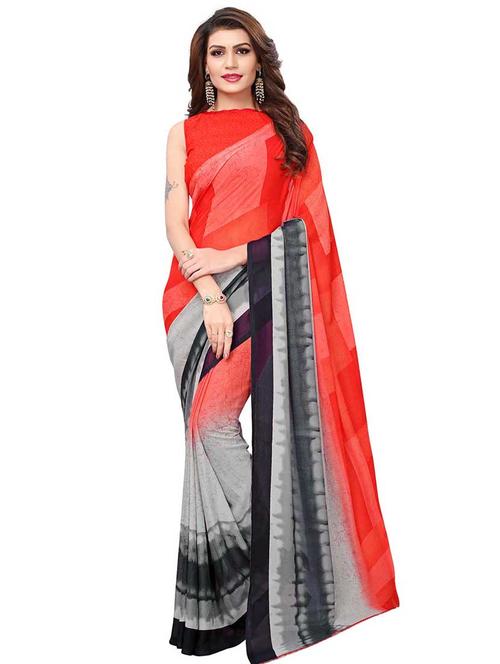 contrast bordered printed saree with blouse - 15580001 - Very Small Image - 1