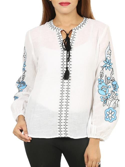 tie up neck embroidered peasant top - 15581399 - Very Small Image - 1