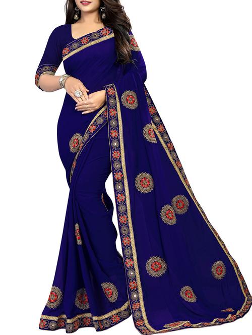 floral thread embroidered saree with blouse - 15581742 - Very Small Image - 1