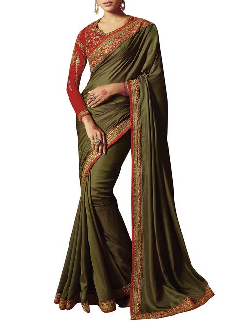 olive green bordered saree with blouse - 15582236 - Very Small Image - 1