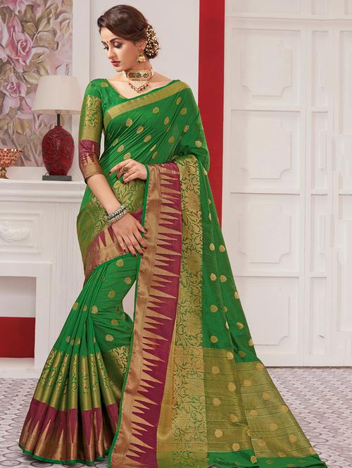 temple bordered woven saree with blouse - 15583438 - Very Small Image - 1