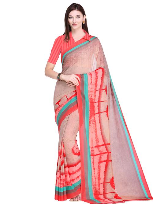digital printed beige saree with blouse - 15585788 - Very Small Image - 1