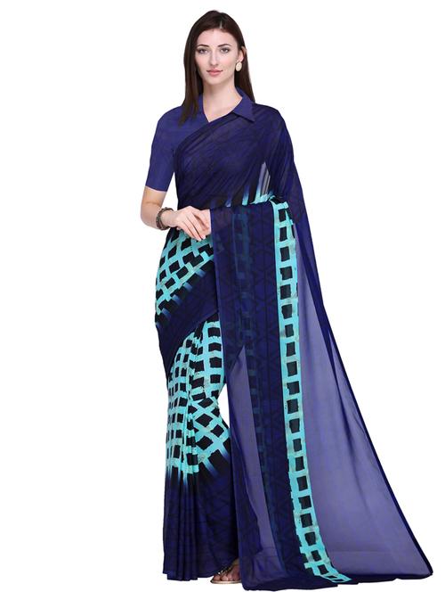 checkered navy blue printed saree with blouse - 15585790 - Very Small Image - 1