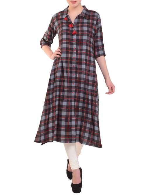 a-line checkered kurta - 15586315 - Very Small Image - 1
