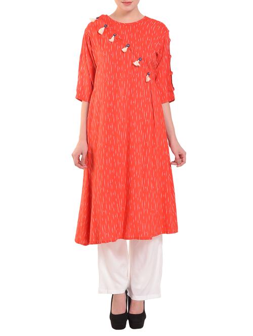 a-line printed kurta with tassels - 15586322 - Very Small Image - 1