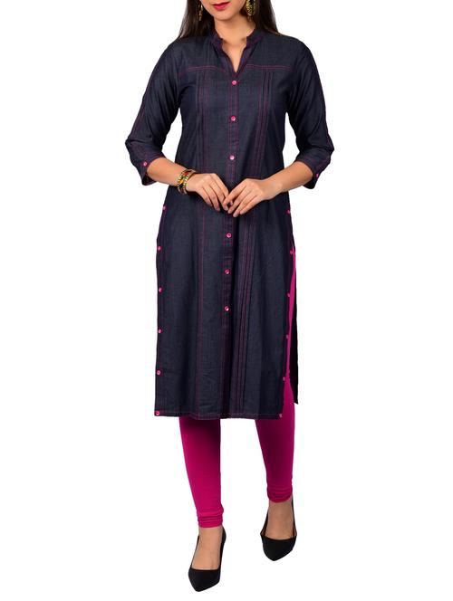 navy denim straight pintucks kurta - 15589394 - Very Small Image - 1