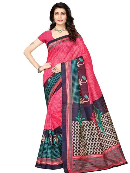 contrast bordered printed saree with blouse - 15589642 - Very Small Image - 1
