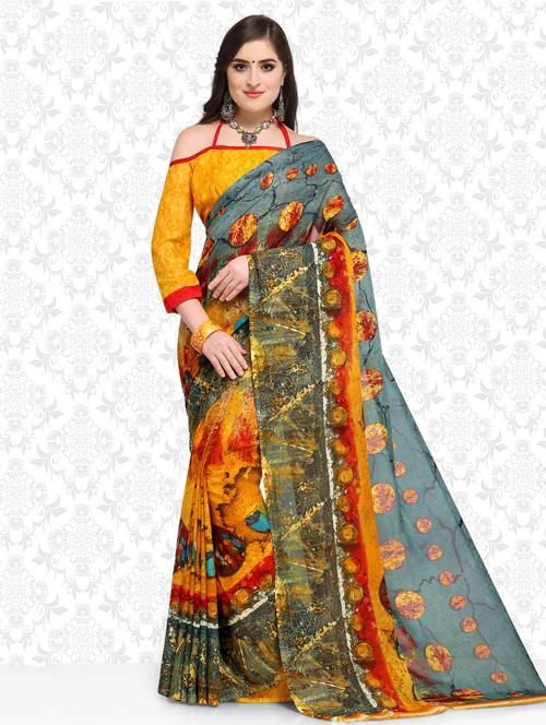 contrast bordered printed saree with blouse - 15589790 - Very Small Image - 1