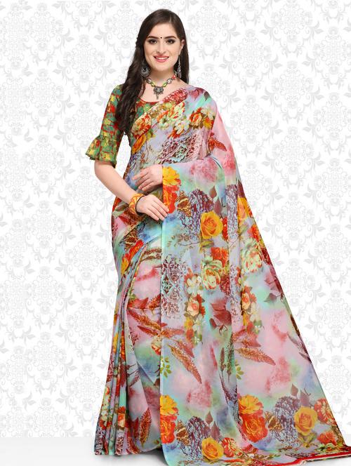 floral printed saree with blouse - 15589793 - Very Small Image - 1