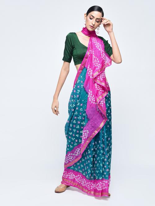 zari bordered bandhani saree with blouse - 15606515 - Very Small Image - 1
