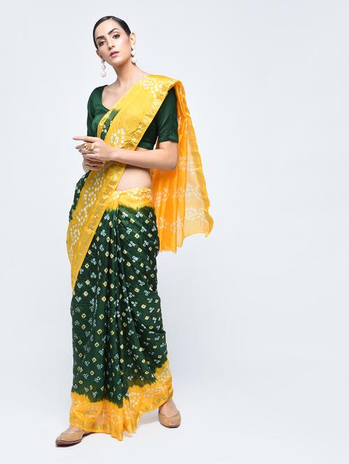 zari bordered bandhani saree with blouse - 15606516 - Very Small Image - 1